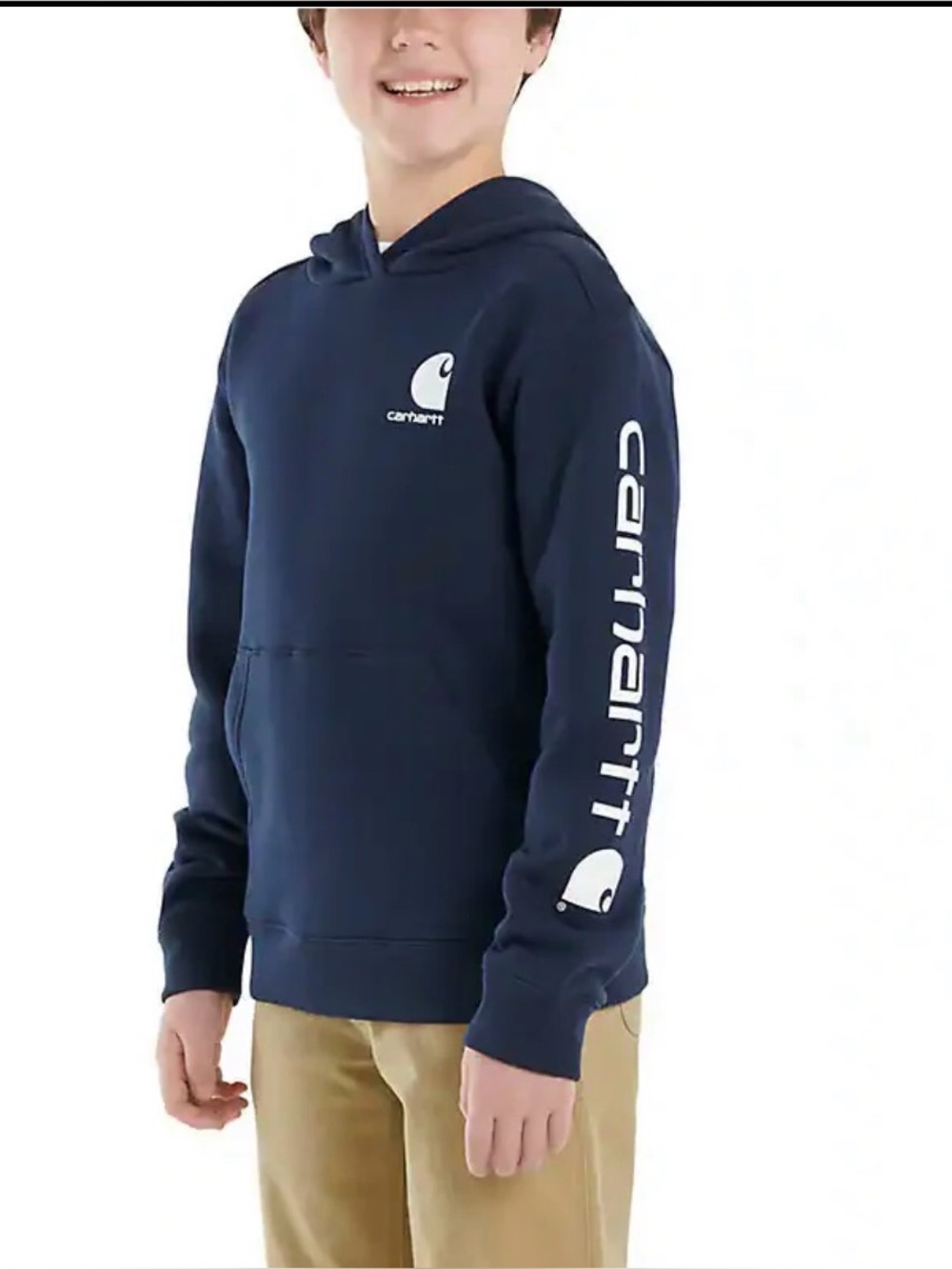 Carhartt Navy Hoodie Sweatshirt Youth Small 8-10 Logo Sleeve Pullover